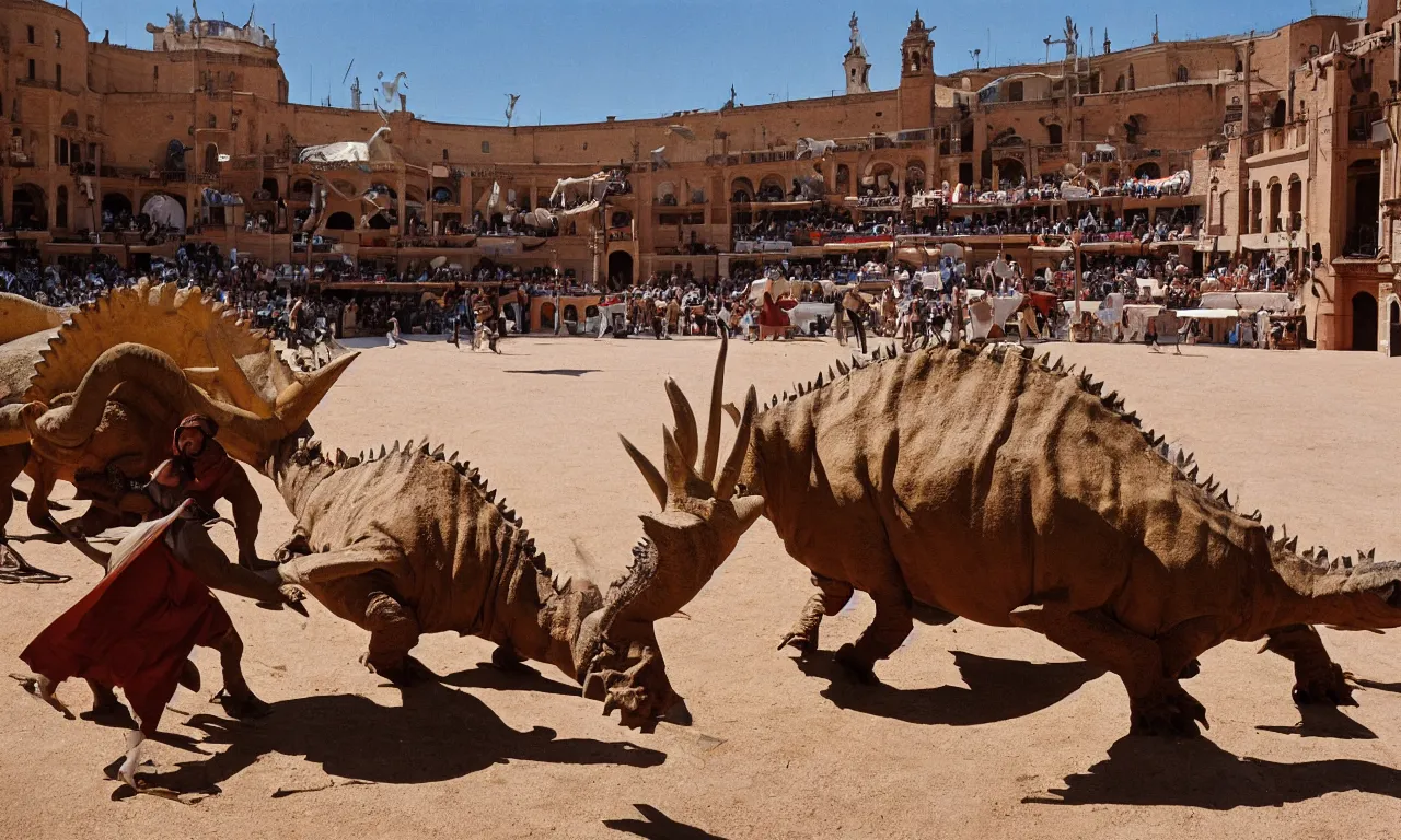 Prompt: a troubadour facing off against a horned dinosaur in the plaza de toros, madrid. extreme long shot, midday sun, kodachrome