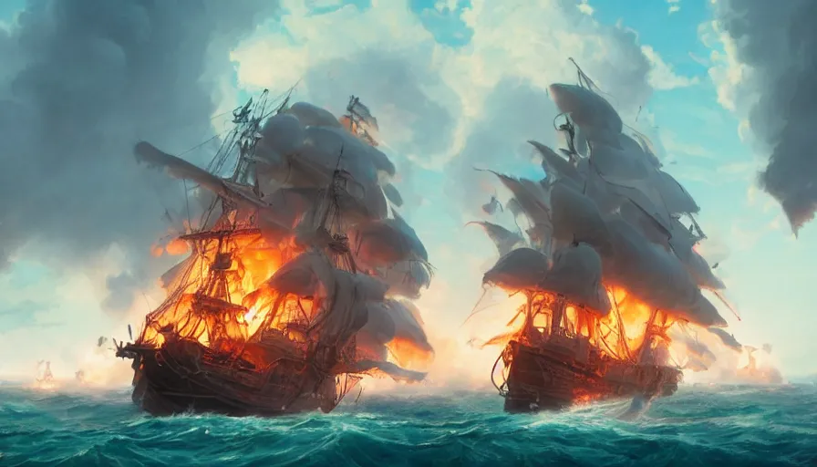 Prompt: A highly detailed matte painting of pirate ship battle in the ocean, pirate ship on fire, huge fire smoke and explosions, by Studio Ghibli, Makoto Shinkai, by Greg Rutkowski, by Artgerm, by beeple, volumetric lighting, octane render, 4K resolution, trending on artstation, masterpiece