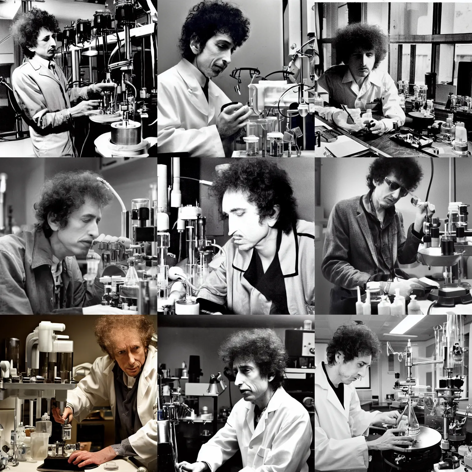 Prompt: Bob Dylan mixing up the medicine in a laboratory, focus on face, beaker and centrifuge in foreground