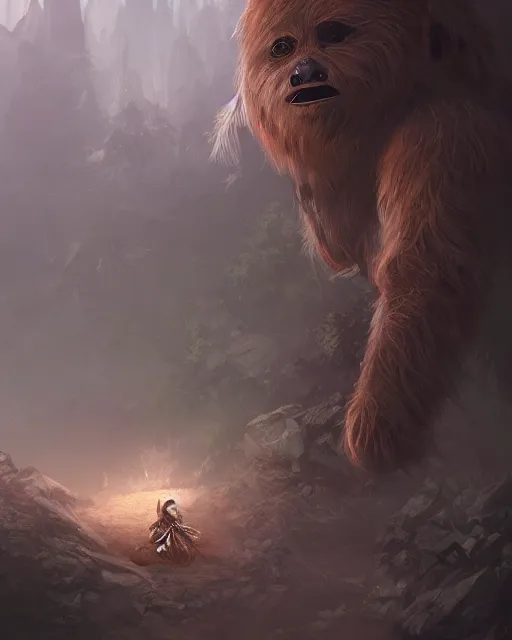 Image similar to mysterious legendary ewok, beautiful illustration, abstract, scifi, atmosphere, top lighting, focused, artstation, highly detailed, art by yuhong ding and chengwei pan and serafleur and ina wong