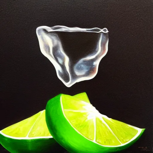 Prompt: realistic painting of an ice cube beginning to melt next to a lime wedge, black background