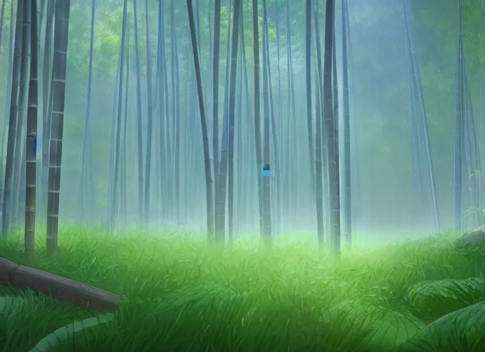 Image similar to deep in a misty japanese bamboo forest, small river, sunny, cartoony, 9 0 s anime style, soft, realistic lighting, by ghibli studio, makoto shinkai, toei animation, trending on artstation, 4 k, hd