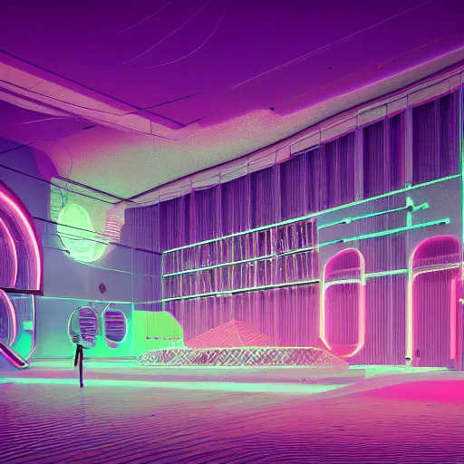 Prompt: biomaterial, architecture, futuristic, cyberpunk, vaporwave, neon, pastel colors, hd 8 k, digital design, award winning, abandoned, grand budapest hotel