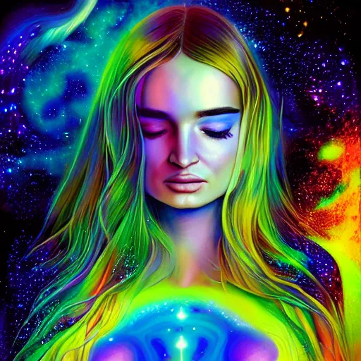 Image similar to a galaxy colored psychedelic chakra awakening kundalini ethereal portrait of kim petras with her eyes closed transcending to a higher plane of existence, eternal blessing, multiverse, by android jones, by ben ridgeway, visionary art, by artgerm, featured on artstation, cgsociety, by greg rutkowski