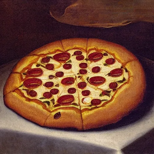 Image similar to DaVinci oil painting of a pizza magaritha on a garden table