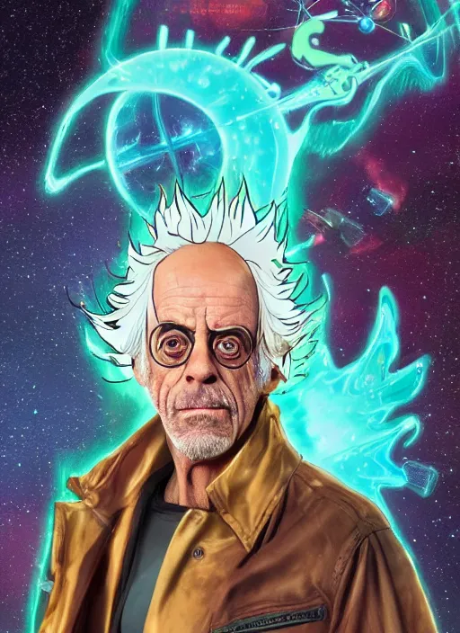 Image similar to Christopher Lloyd as Rick Sanchez on the cover of Galaxy Science Fiction, 1965, detailed, epic, vintage 1960s print, trending on artstation