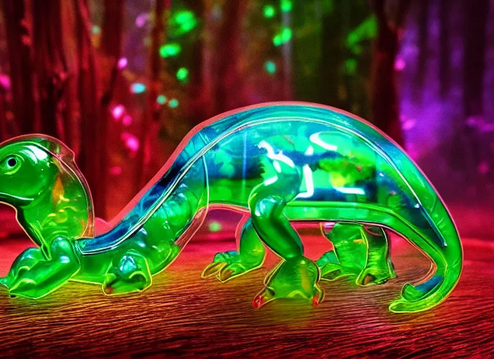 Image similar to photo of a translucent clear chibi style baby dinosaur with symmetrical head and eyes, made out of clear plastic, but has red hypercolor glowing electric energy inside its body, and electricity flowing around the body. in the forest, fantasy tron. highly detailed. intricate design by pixar