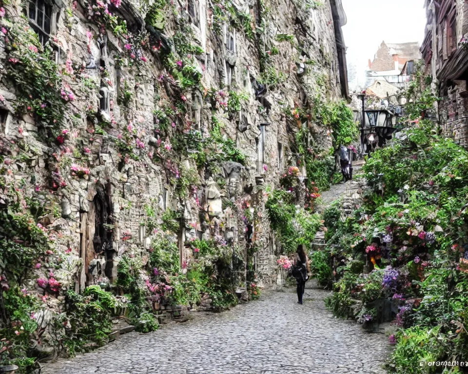 Image similar to cobblestone streets filled with fae, magical, faerie, fanciful