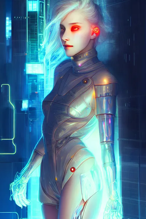 Image similar to portrait futuristic wizard Girl with thunder and fire sparkles and starlight, n future cyberpunk tokyo rooftop , ssci-fi, fantasy, intricate, very very beautiful, elegant, human anatomy, human structure, neon light, highly detailed, digital painting, artstation, concept art, smooth, sharp focus, illustration, art by tian zi and WLOP and alphonse mucha