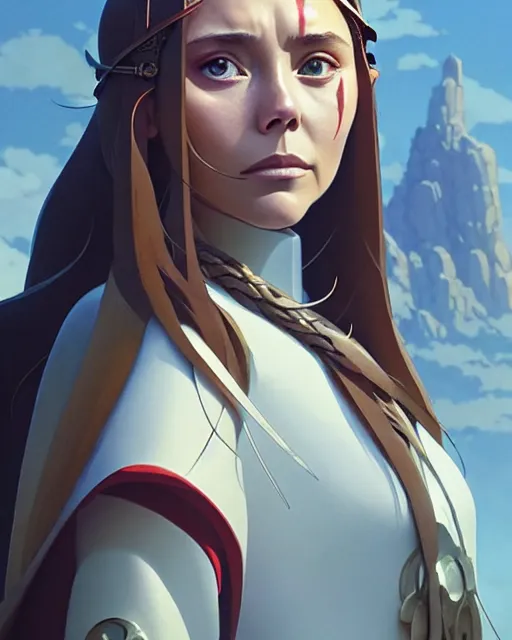 Prompt: azctec warrior, elizabeth olsen, detailed perfect face, exquisite details, fire magic, mid view, design on a white background, by studio muti, greg rutkowski makoto shinkai takashi takeuchi studio ghibli