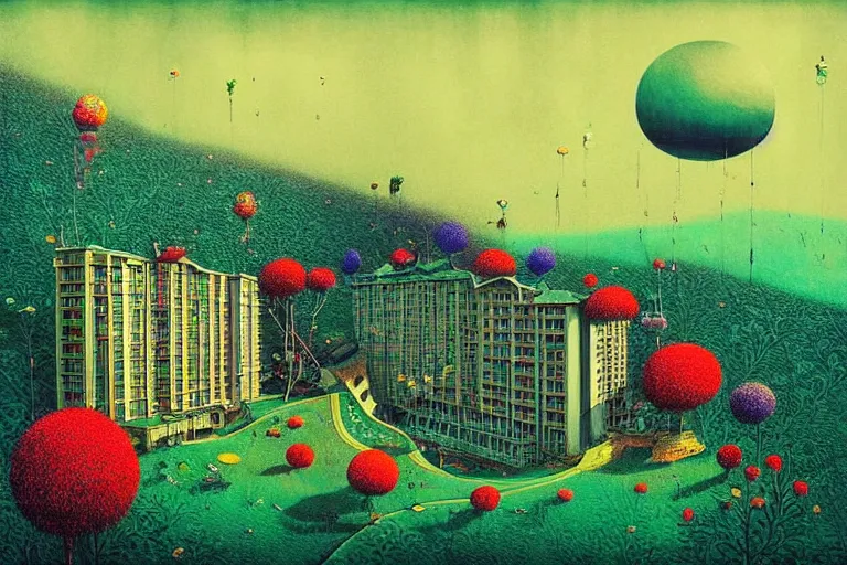 Image similar to surreal glimpse into other universe, hotel genting highland, summer morning, very coherent and colorful high contrast, art by!!!! gediminas pranckevicius!!!!, geof darrow, floralpunk screen printing woodblock, dark shadows, hard lighting, stipple brush technique,