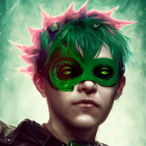 Prompt: a portrait of a boy with green hair and two devil horns and an eye patch, cyberpunk style, digital painting, concept art, smooth, sharp focus, hyperrealistic, illustration, artstation trending, octane render, unreal engine, ambient light, dynamic lighting, magical, dark vibes, Cyberpunk 2077