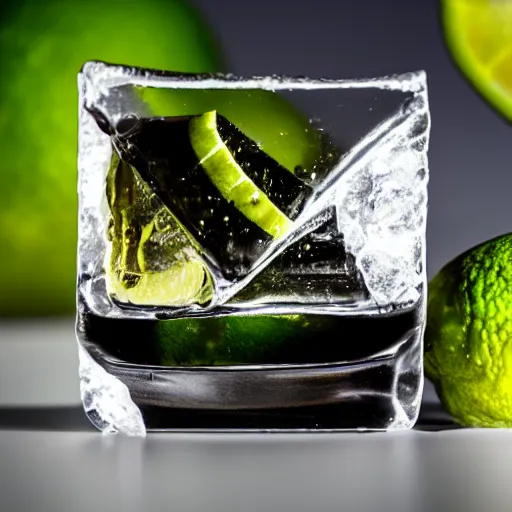 Image similar to a portrait of an ice cube next to a lime-slice, dark background, intense, incredibly detailed, studio, 85mm Sigma Art lens