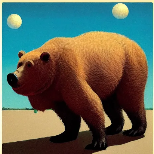 Image similar to a man-bear-pig-hybrid by Raphael, Hopper, and Rene Magritte. detailed, romantic, enchanting, trending on artstation.