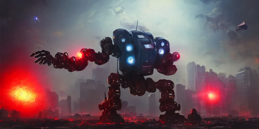 Image similar to Giant robot destroys distant future megacity, buildings collapsing with debris flung forward, metallic robot with red eyes, detailed oil painting, hyperrealistic, PBR, volumetric lighting
