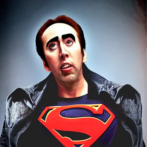 Image similar to nic cage as vampire superman, digital photography, high detail