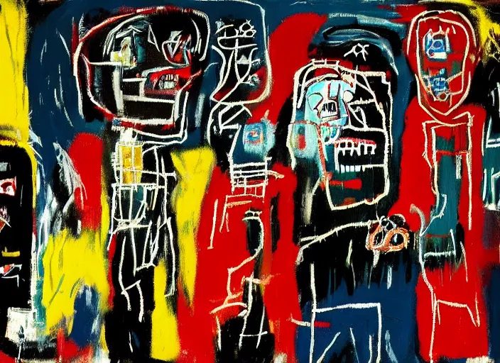 Image similar to the night watch painted by jean michel basquiat