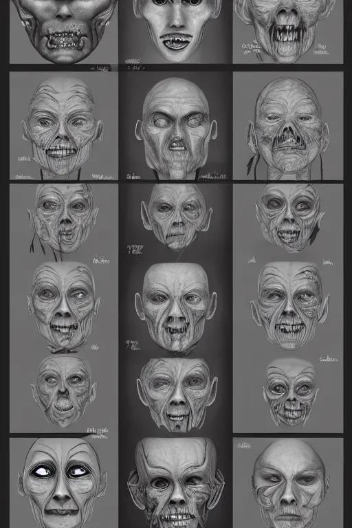 Image similar to facial anatomy with gunmetal grey skin, medical anatomy, very symmetrical face, highly detailed, three - perspective / three - view reference sheet ( front / back / side ), in the style of dan ouellette, steven jung, amanda lilleston, hr giger, sil from species, dren from splice, mecha, artstation, unreal engine