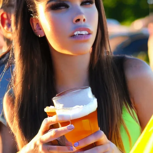 Image similar to Madison Beer drinking beer in the parking lot, realistic, sunset 😂😂😂☺️☺️☺️