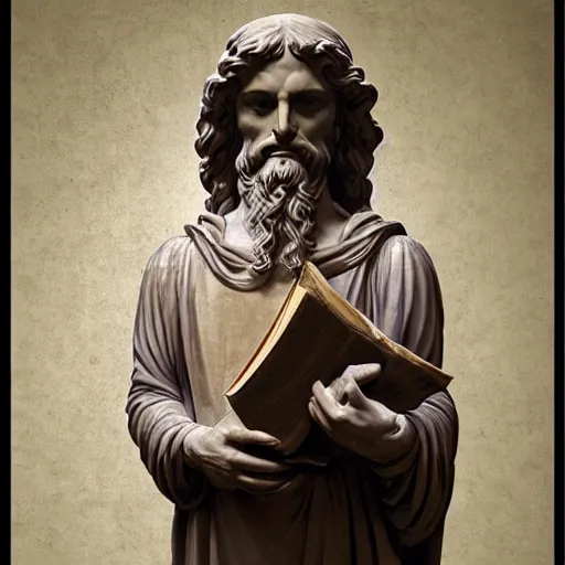 Image similar to greek statue of leonardo davinci holding a book, realistic, photorealistic