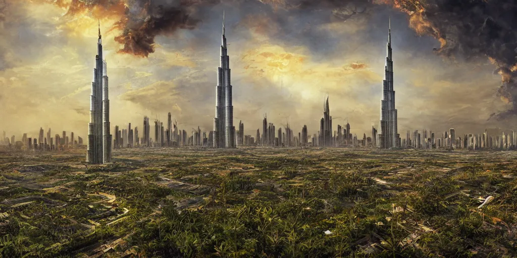 Prompt: single building of burj khalifa in the middle .surrounded by tall vines in oversized jungle, moody sunset and dramatic sky , oil painting by frazetta, low angle, postapocalyptic, cinemascope panorama