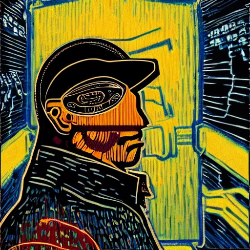 Image similar to Illustrated by Shepard Fairey and Greg Rutkpwski | 'Cyberpunk Van Gogh with VR helmet, surrounded by cables'