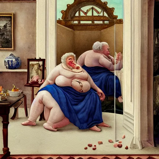 Prompt: of a very funny renaissance style watercolor painting of a sweet fat old woman kissing her reflection. symmetrical face, red mouth, blue eyes. a flowered dress. a hyper - realistic scene. 3 d, octane processing, deep focus, white scene. a very funny and sweet picture. unreal engine. watercolor. fellini cinematic style. poster quality. freud painting style.