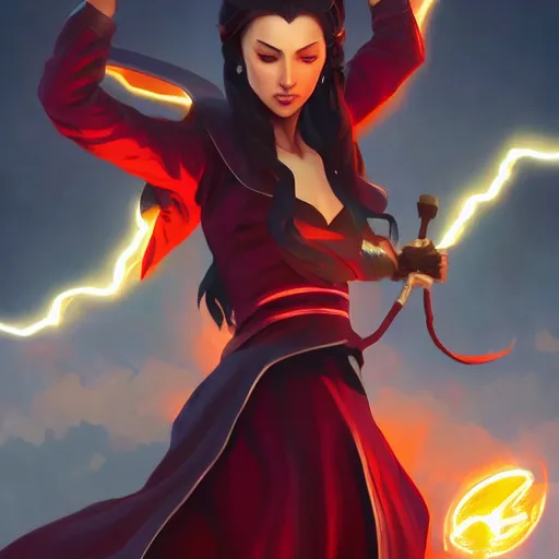 Image similar to Azula bending lightning, highly detailed, digital painting, artstation, concept art, sharp focus, illustration, cinematic lighting, art by artgerm and greg rutkowski and alphonse mucha