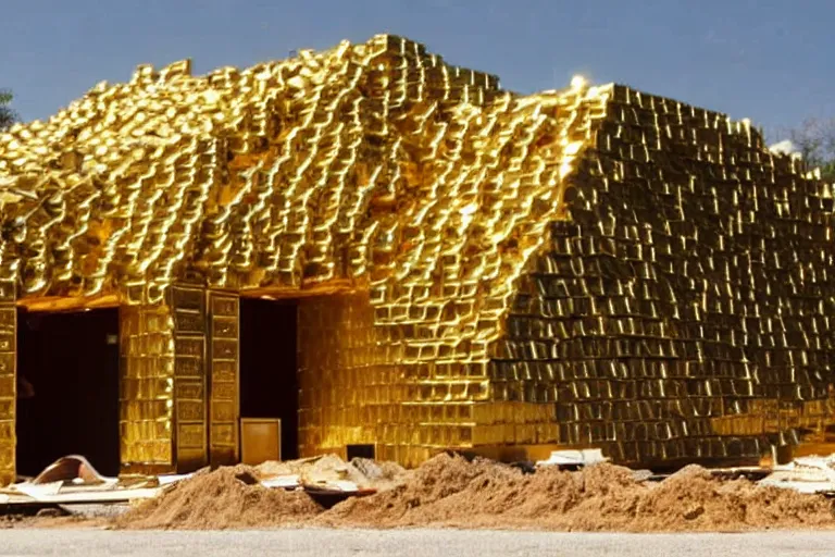 Image similar to a house, under construction, made of dollars, with piles of gold around it