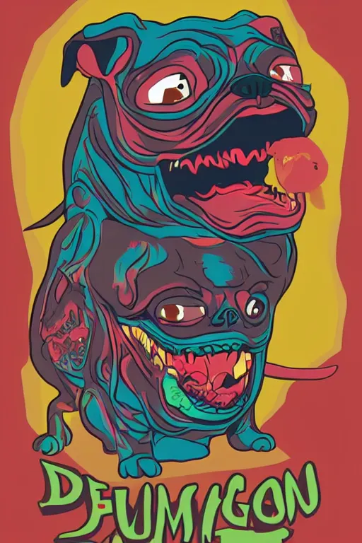 Image similar to demon pug eating flesh. art by samantha mash, sticker, colorful, illustration, highly detailed, simple, smooth and clean vector curves, no jagged lines, vector art, smooth