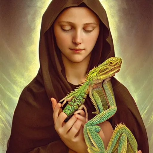 Prompt: the virgin mary holding a baby lizard lizard, highly detailed, digital painting, concept art, smooth, sharp focus, illustration, surrealist, absurd, humorous, photoshop, art by artgerm and greg rutkowski and alphonse mucha