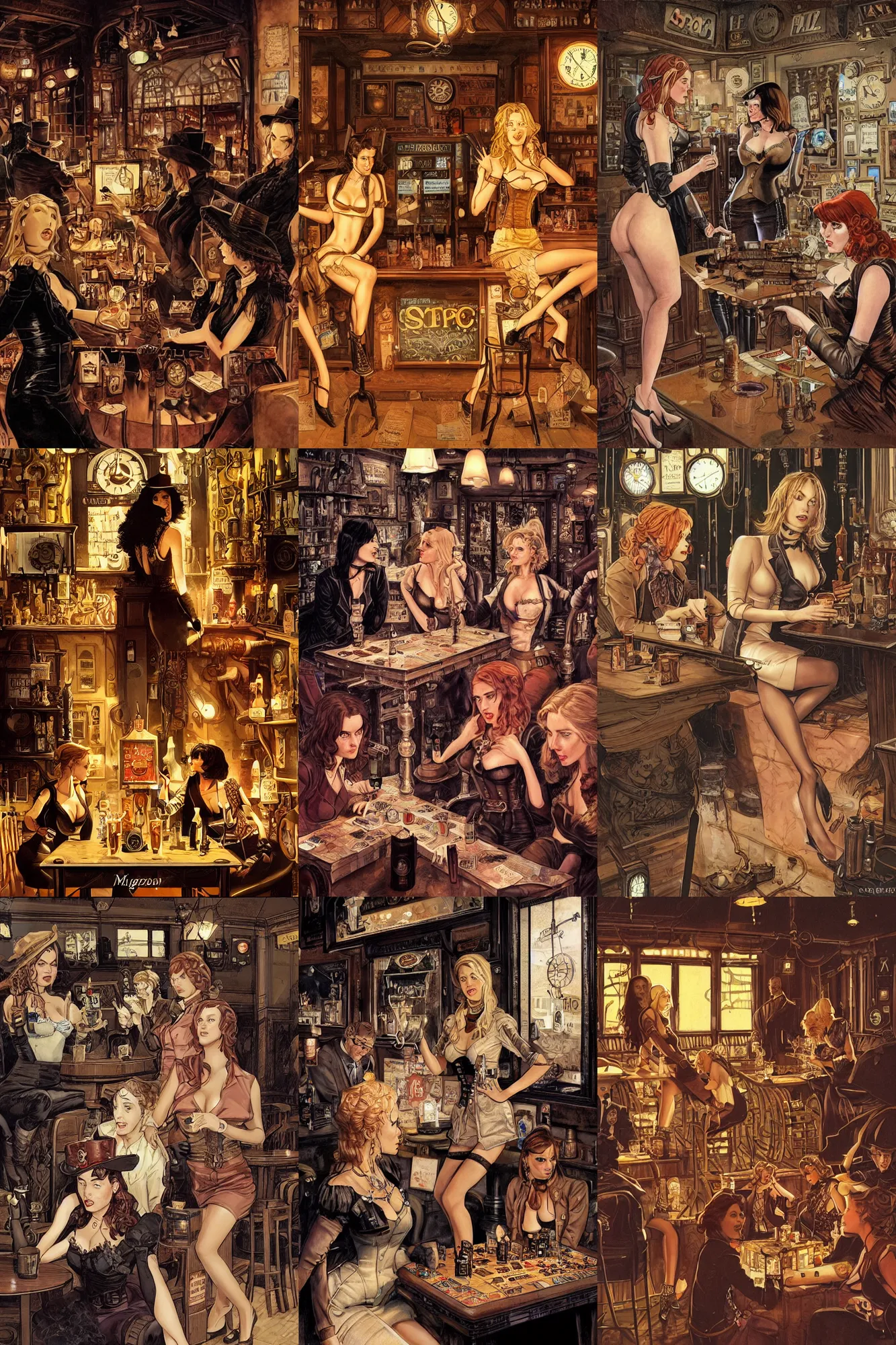 Prompt: women in the interior of a steampunk pub, Milo Manara, night time, Margot Robbie, Scarlett Johanson, zoey Deschannel, smoking cigarettes, playing board games, highly detailed, pulp fiction poster art, level design, concept art, artstation, cgsociety, zenith view