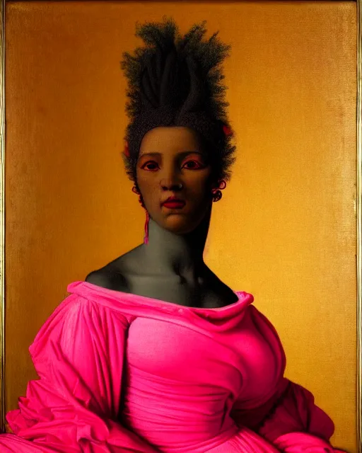 Prompt: photo-realistic portrait of black woman with pink hair, wearing a neon red dress by Vivienne Westwood, intricate details, masterpiece, in the style of Jean Auguste Dominique Ingres, black background