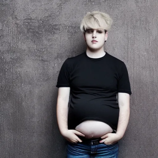 Prompt: a young goth man with a heavily pregnant belly in a t shirt and jeans