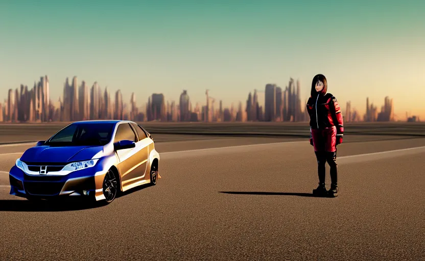 Image similar to photograph of a cell-shaded Honda EK9 Type-R with a techwear woman , on a desert road with a futuristic city in the horizon, one point perspective, 1-point perspective, tilt shift, sigma 85mm f/1.4, 4k, depth of field, high resolution, 4k, 8k, hd, full color