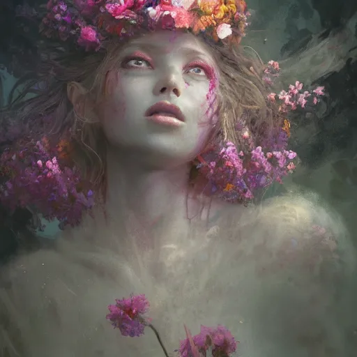 Prompt: a beautiful terrifying girl made of flowers. ethereal horror fantasy art by greg rutkowski and magali villanueve and monet, concept art, smooth, cinematic lighting, 8 k resolution