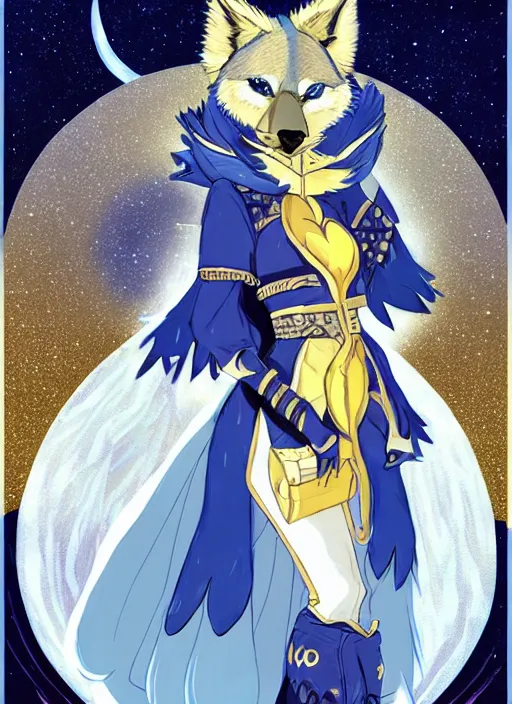 Image similar to commissioned full body portrait of a female anthro wolf princess fursona with a furry wolf head and white hair wearing a blue and gold Japanese armored dress in a white and gold palace on a starry night with a large crescent moon, by a professional manga illustrator, by Kilian Eng, by Sandra Chevrier, trending on artstation