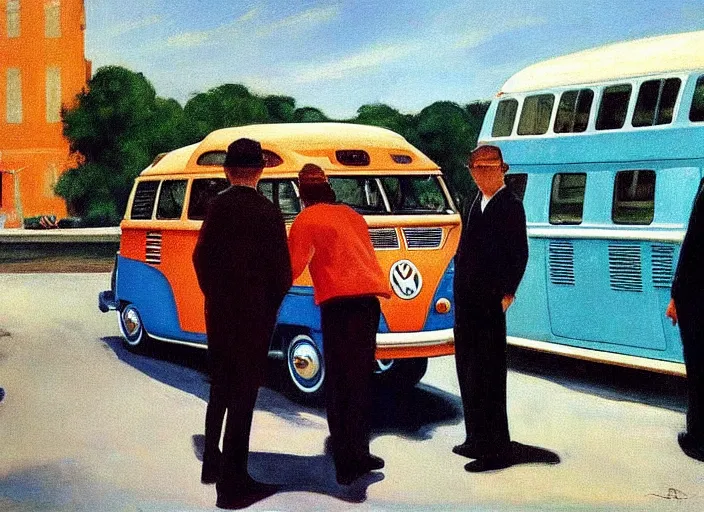 Image similar to painting, two young men and women near blue vw bus, by edward hopper, bernardo bertolucci dreamers movie scene