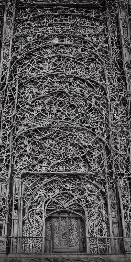 Image similar to a professional photograph of a beautiful modern building by Louis Sullivan and H.R. Giger covered in black ironwork vines, rusticated stone base, stone stone, a dramatic sky, Sigma 75mm, ornate, very detailed, hyperrealistic, liminalspaces, Symmetrical composition, centered, intricate, panoramic, Dynamic Range, HDR, chromatic aberration, Orton effect, 8k render, photo by Marc Adamus, cinematic, cgsociety, vignette, vignette , artstation,