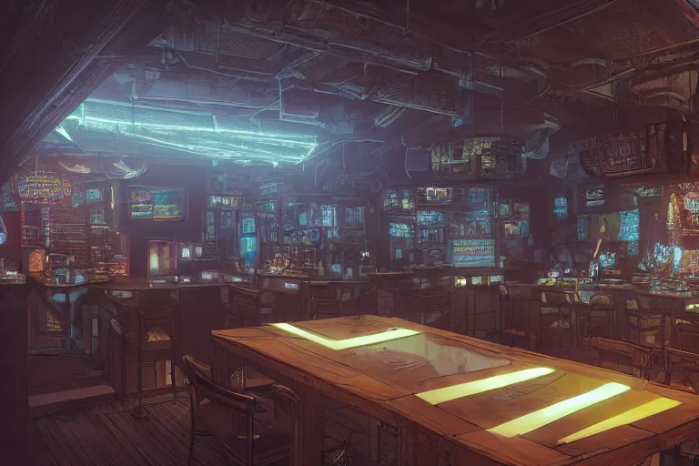 Prompt: Highly detailed Digital concept interior design in style of Hiromasa Ogura and Josan Gonzalez of cyberpunk tavern with stone walls and neon lights, a lot of electronics, many details. Natural white sunlight from the transperient roof. Rendered in VRAY and DaVinci Resolve and MAXWELL and LUMION 3D, Volumetric natural light