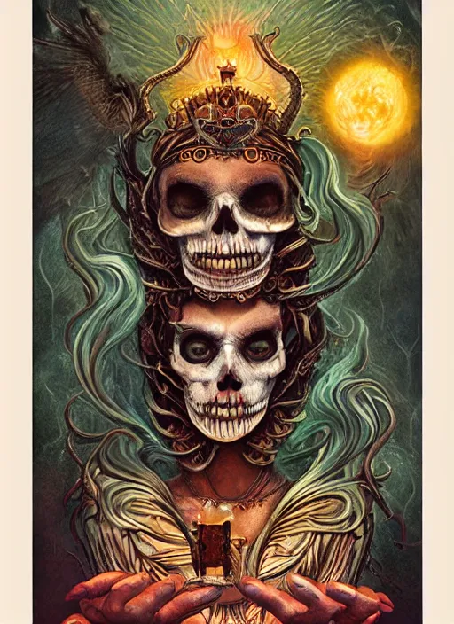 Image similar to queen of heats the fool tarot card, highly detailed, half skull face, cinematic, 8 k, bymegan duncanson, benjamin lacombe, naoto hattori, adrian borda, giger, trending on deviantart, hyper detailed, horror, full of colour