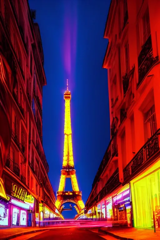 Prompt: neon streets of paris with eiffel tower, 4 k, award winning photo, cyberpunk style