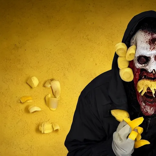 Image similar to photo of a horror villain eating a banana, he is sad that his dark clothes are covered in banana peels.