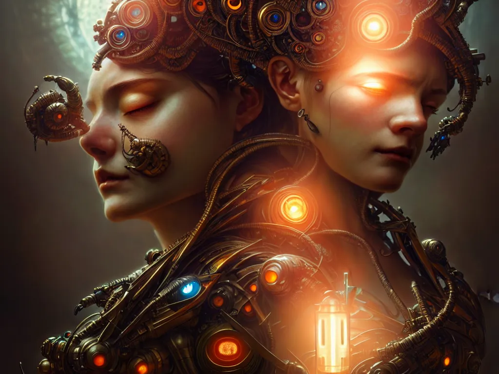 Image similar to ultra realistic beautiful cyborg deity eyes closed, fantasy, intricate details, movie still, highly detailed, photorealistic, octane render, eerie, 8k, art by artgerm and james clyne and greg rutkowski and alphonse mucha