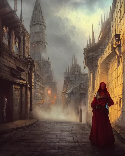 Image similar to mage, woman, portrait, dirty alley, a beautiful fantasy city, made from white stone and bright gold, built on the side of a volcano, gondor, misty, red sky, medieval city, metropolis, gorgeous clouds, god rays, fantasy art, octane render, ureal engine, high detail, alphonse mucha, greg rutkowski, james gurney, johannes voss