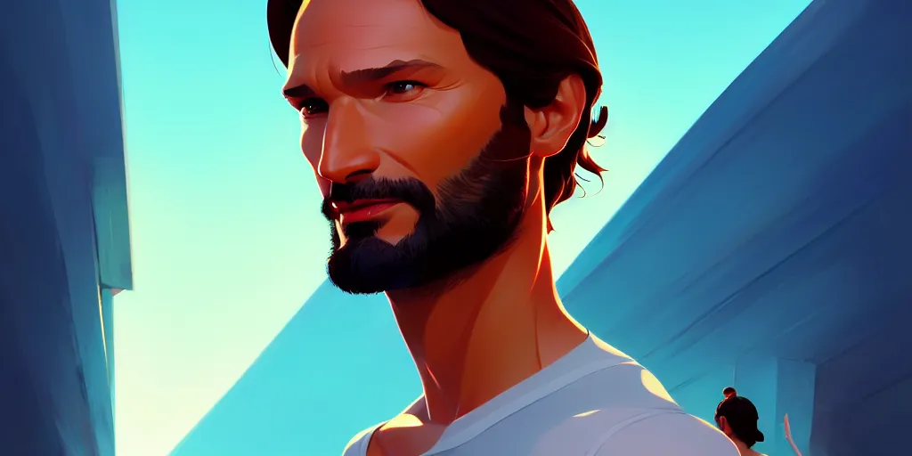 Image similar to low angle portrait of Rodrigo Santoro, tepainting concept Blizzard pixar maya engine on stylized background splash comics global illumination lighting artstation lois van baarle, ilya kuvshinov, rossdraws