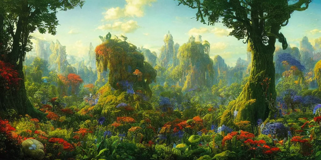 Prompt: A Beautiful Painting of an Overgrown Fantasy Land by Steven Belledin, Michael Whelan, Martin Johnson Heade, Caspar David Friedrich and Ivan Shishkin