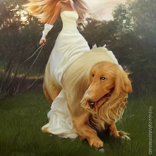 Image similar to woman in a wedding dress riding a giant golden retriever, trending on art station