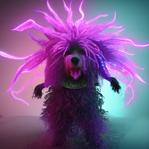 Image similar to a puli made out of tendrils of glowing purple magic, unreal engine, volumetric lighting, artstation