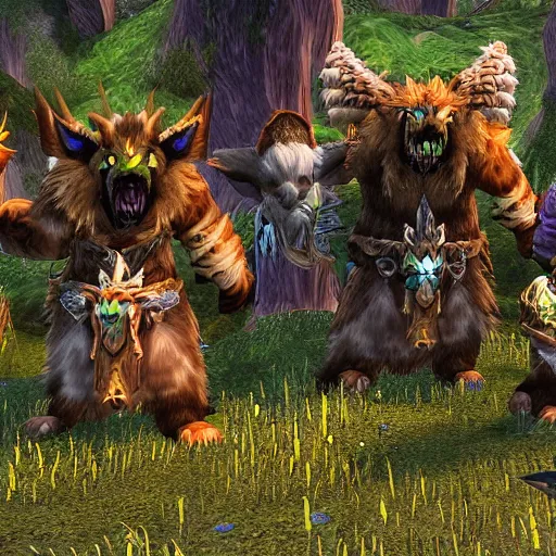 Image similar to A pack of world of warcraft feral druids roaming the british countryside